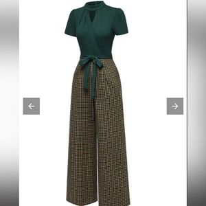Retrostage GREEN 1930S PLAID KEYHOLE NECK BELTED JUMPSUIT small NWT